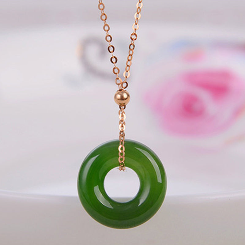 Unisex Round Cyan Jade Healing Necklace 14K Gold Pendant