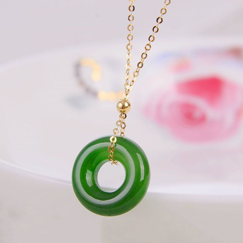 Unisex Round Cyan Jade Healing Necklace 14K Gold Pendant