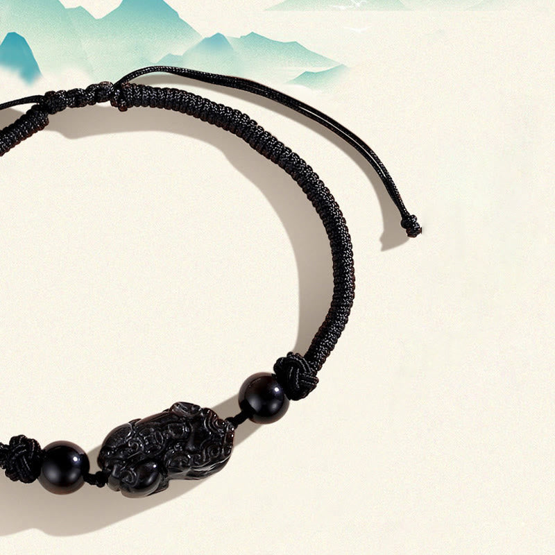 Unisex Silver Sheen Obsidian PiXiu Protection Bracelet 8mm Beads