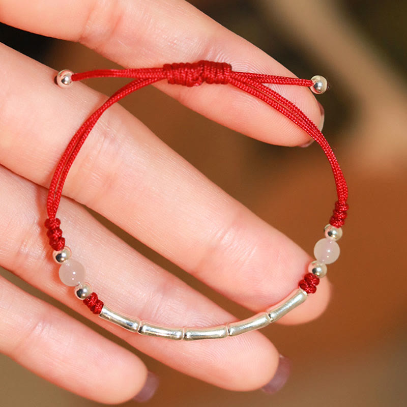 Unisex Sterling Silver Bamboo Red String Agate Protection Bracelet