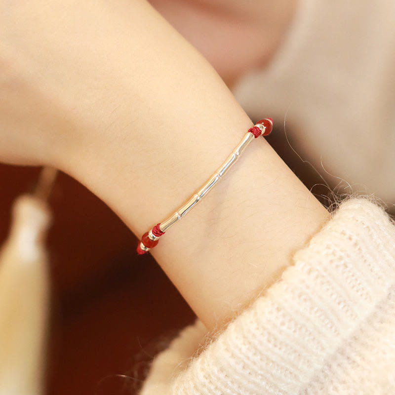 Unisex Sterling Silver Bamboo Red String Agate Protection Bracelet