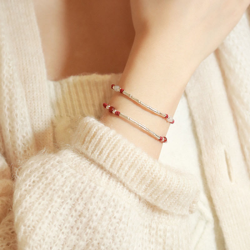 Unisex Sterling Silver Bamboo Red String Agate Protection Bracelet
