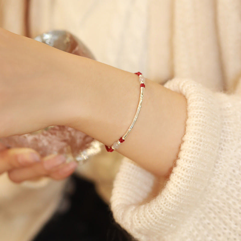 Unisex Sterling Silver Bamboo Red String Agate Protection Bracelet
