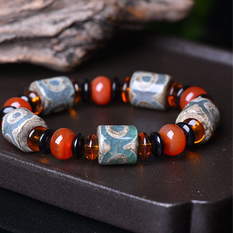 Unisex Three-Eyed Dzi Bead Agate Protection Bracelet