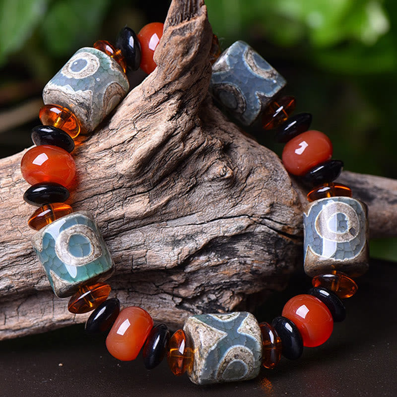 Unisex Three-Eyed Dzi Bead Agate Protection Bracelet
