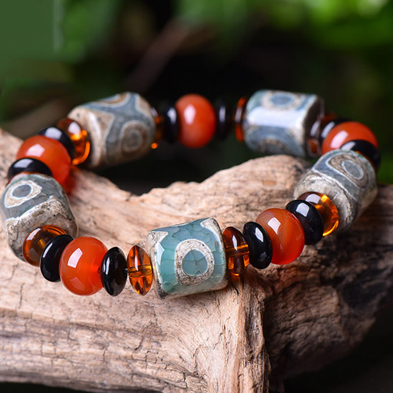 Unisex Three-Eyed Dzi Bead Agate Protection Bracelet