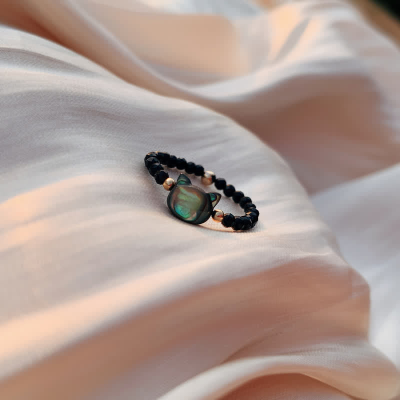 Unisex Tridacna Stone Cat 14K Gold Spiritual Ring