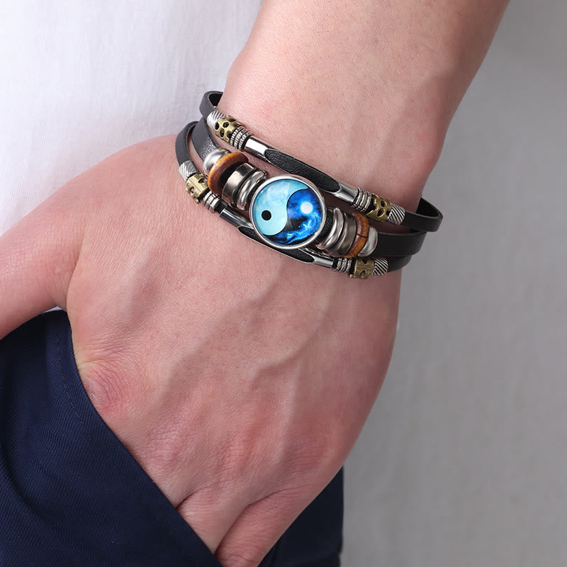 Unisex Yin Yang Leather Balance Bracelet 21.5cm