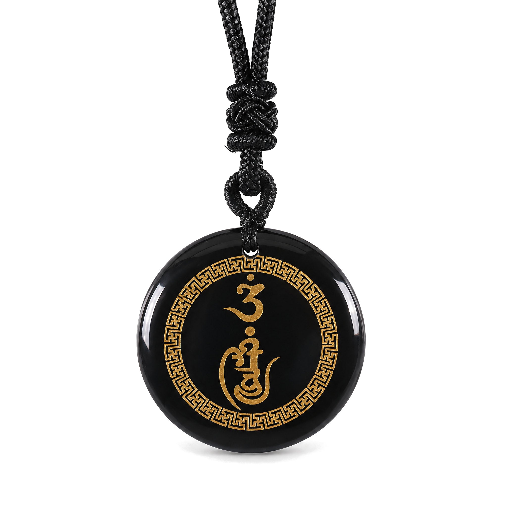 Vajra Swastika Pattern Black Obsidian Protection Necklace, Black Obsidian, on a white background