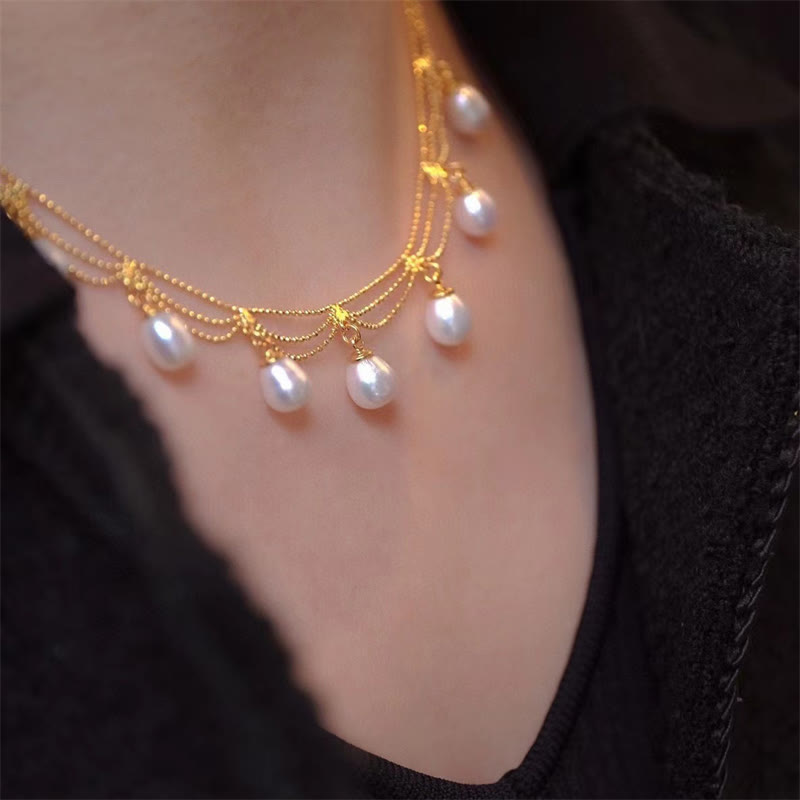 Vintage 14K Gold Plated Pearl Healing Multilayer Necklace