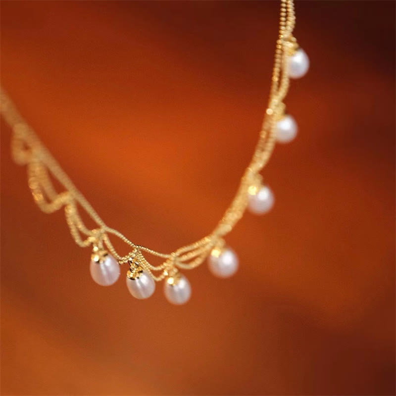 Vintage 14K Gold Plated Pearl Healing Multilayer Necklace