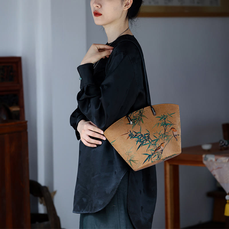 Vintage Bamboo Magpie Large Capacity Shoulder Bag with Peony Butterfly