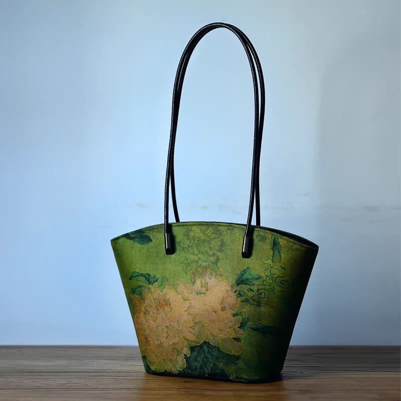 Vintage Bamboo Magpie Large Capacity Shoulder Bag with Peony Butterfly