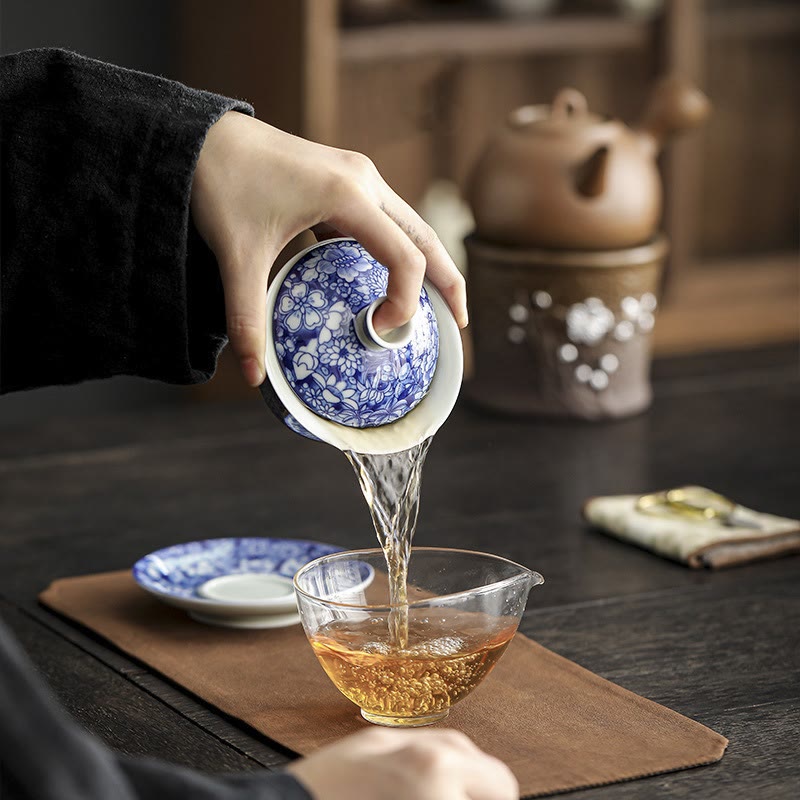 Vintage Blue White Porcelain Gaiwan Tea Cup Set 150ml Meditation