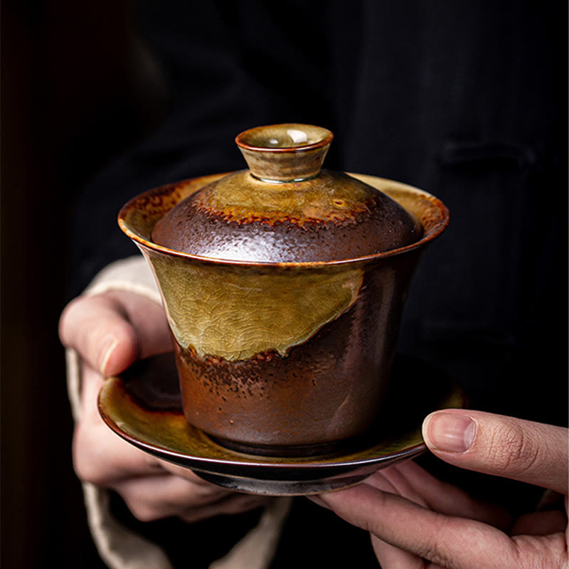 Vintage Brown Kiln Ceramic Gaiwan Sancai Tea Cup with Lid