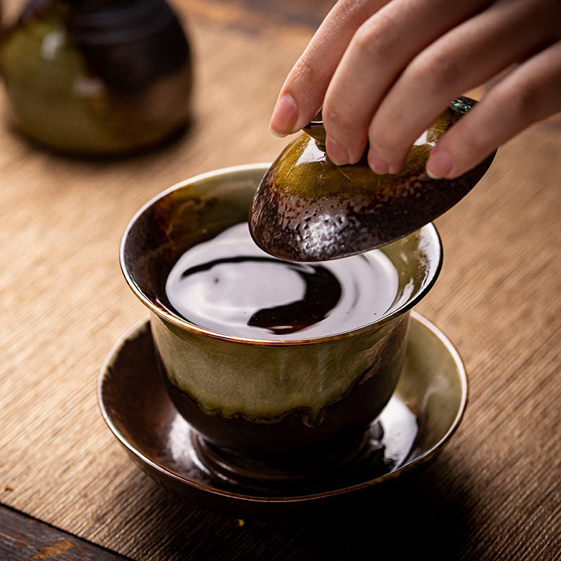 Vintage Brown Kiln Ceramic Gaiwan Sancai Tea Cup with Lid