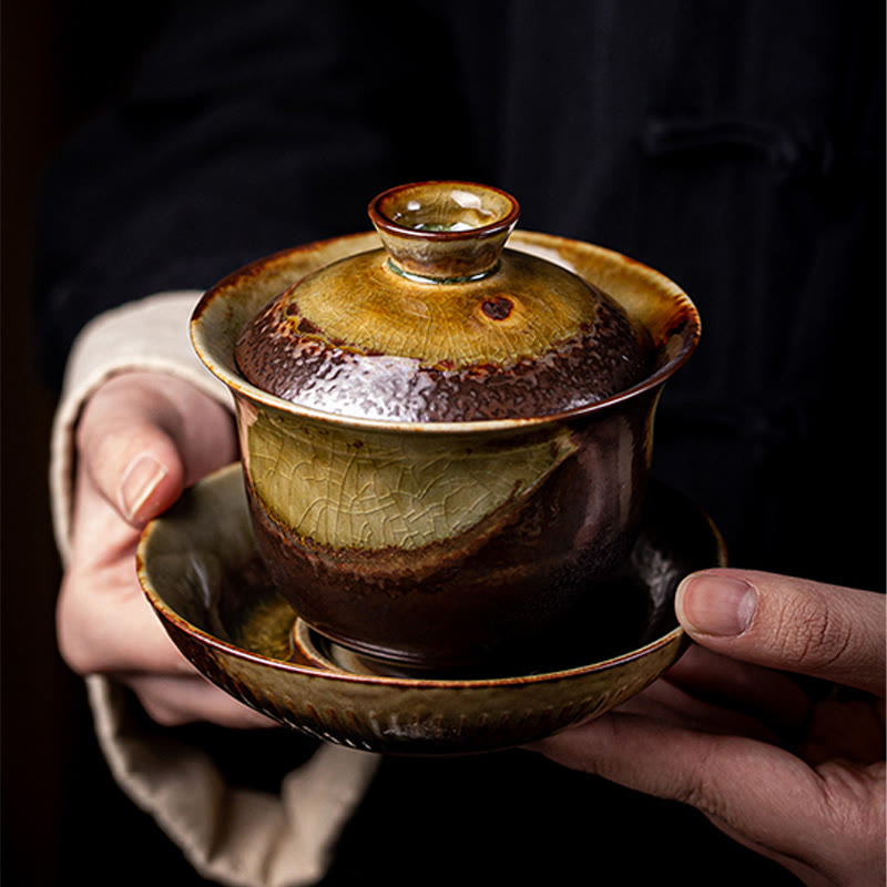 Vintage Brown Kiln Ceramic Gaiwan Sancai Tea Cup with Lid