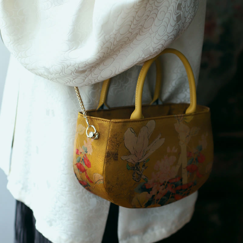Vintage Flower Peony Metal Chain Zipper Crossbody Bag
