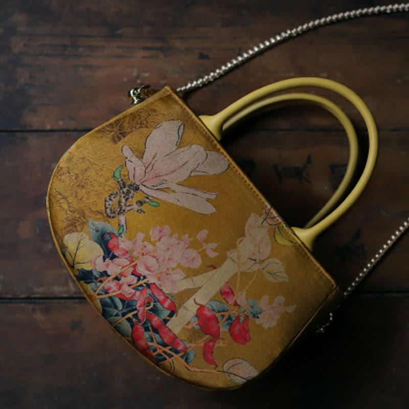 Vintage Flower Peony Metal Chain Zipper Crossbody Bag