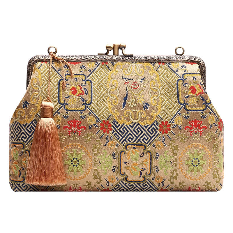 Vintage Geometry Flowers Crossbody Bag with Metal Chain