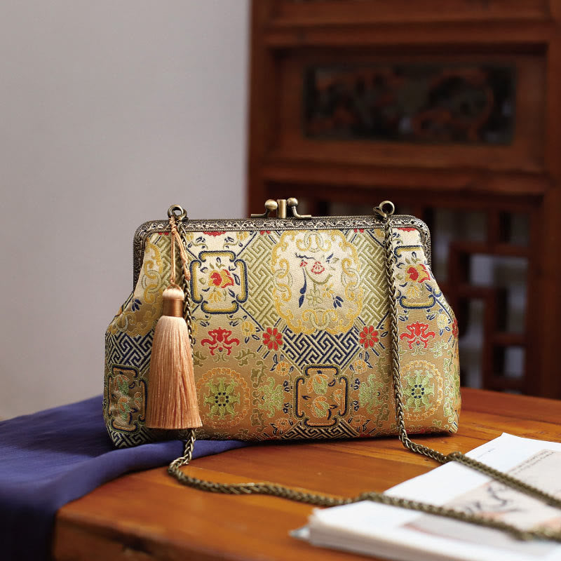 Vintage Geometry Flowers Crossbody Bag with Metal Chain