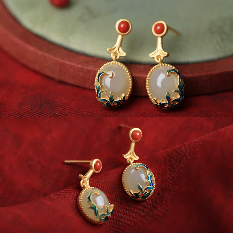 Vintage Jade Red Agate Abundance Copper Drop Earrings