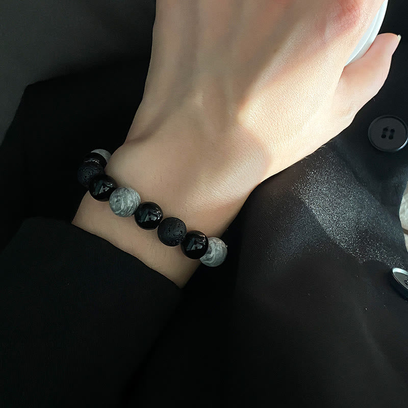 Vintage Lava Rock Black Obsidian Picasso Jasper Bracelet for Grounding