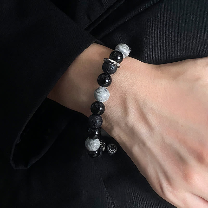Vintage Lava Rock Black Obsidian Picasso Jasper Bracelet for Grounding