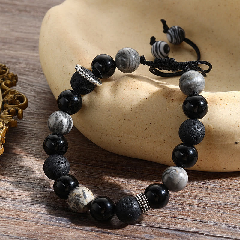 Vintage Lava Rock Black Obsidian Picasso Jasper Bracelet for Grounding