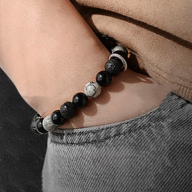 Vintage Lava Rock Black Obsidian Picasso Jasper Bracelet for Grounding