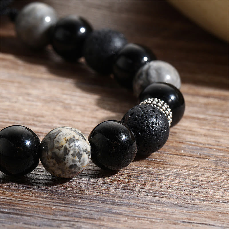 Vintage Lava Rock Black Obsidian Picasso Jasper Bracelet for Grounding
