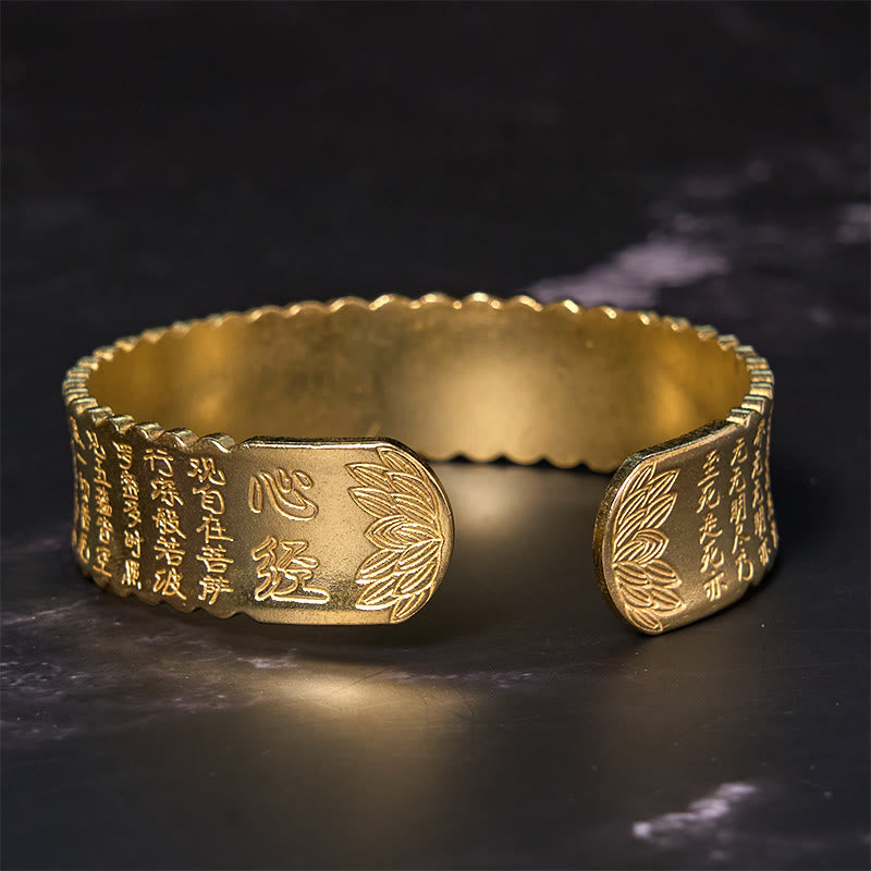 Vintage Lotus Flower Heart Sutra Copper Cuff Bracelet