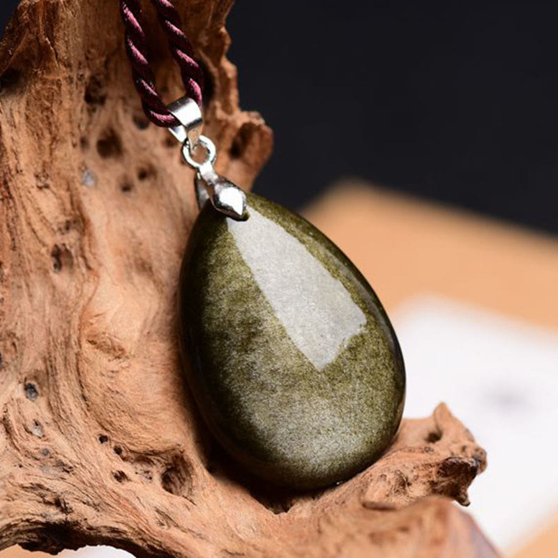 Water Drop Obsidian Necklace Pendant | Gold Sheen & Rainbow Black