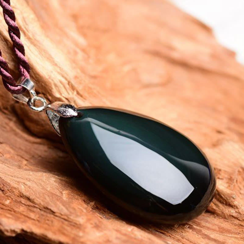 Water Drop Obsidian Necklace Pendant | Gold Sheen & Rainbow Black