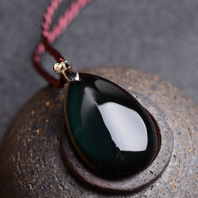 Water Drop Obsidian Necklace Pendant | Gold Sheen & Rainbow Black