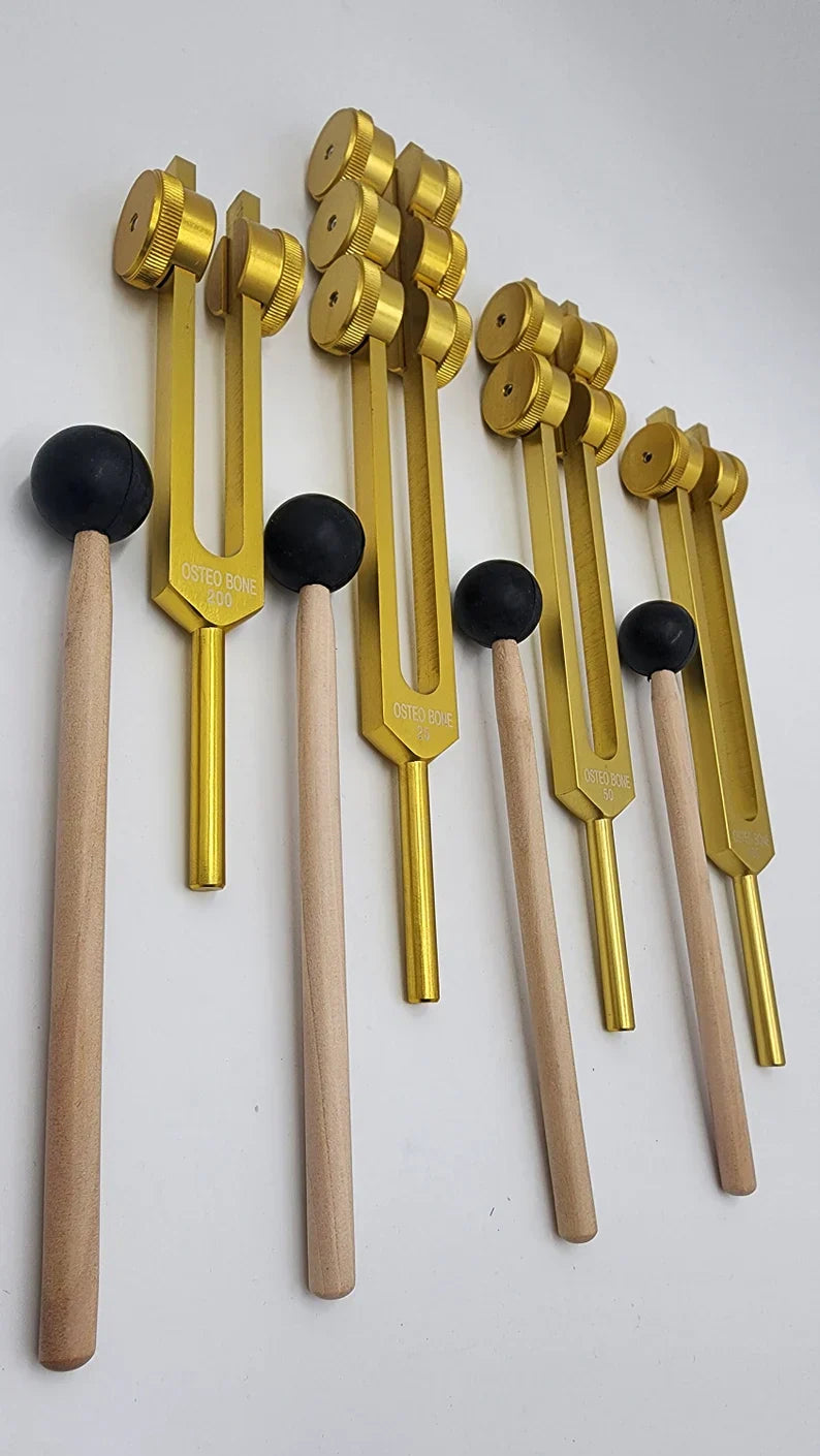 Weighted Osteo Tuning Fork Set of 4 with golden forks and black mallets for therapy