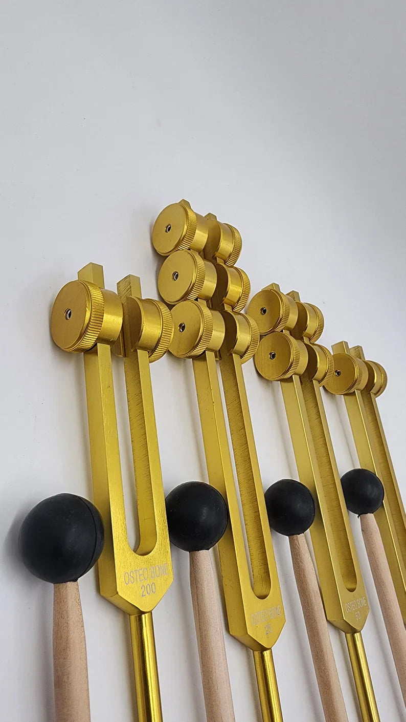 Golden Tuning Forks with Black Rubber Mallets in Weighted Osteo Tuning Fork Set