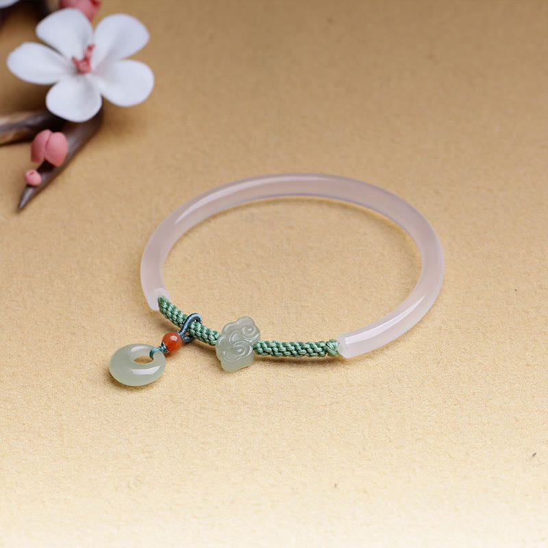 White Agate Hetian Jade Auspicious Clouds Peace Buckle Bracelet Bangle