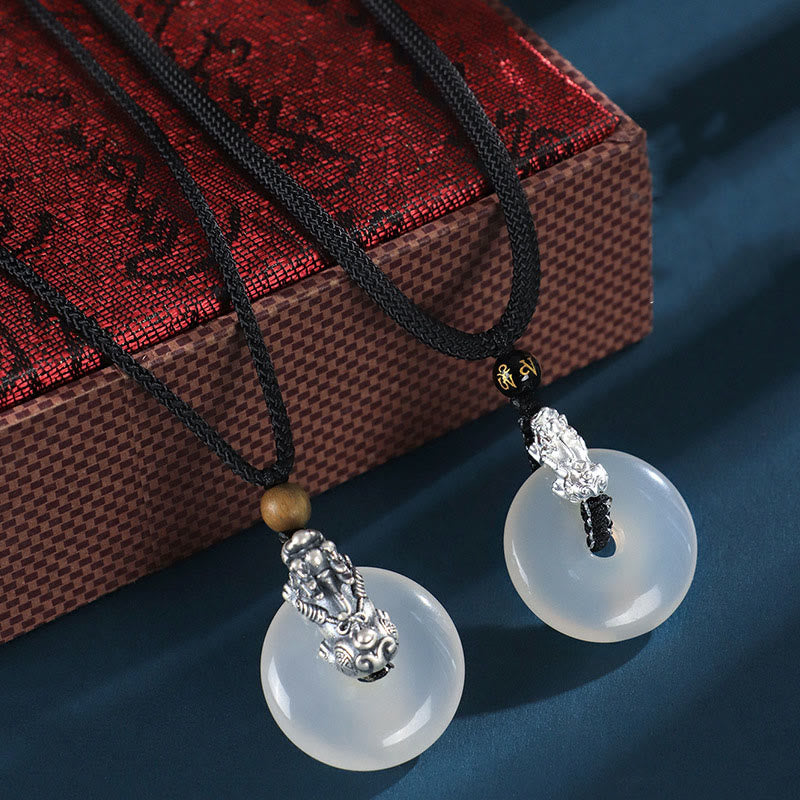 White Agate Peace Buckle Necklace with Pi Xiu Pendant