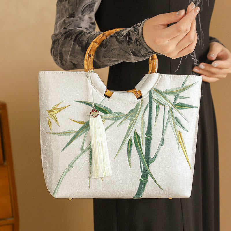 White Bamboo Embroidery Yoga Bag with Tassel Handle