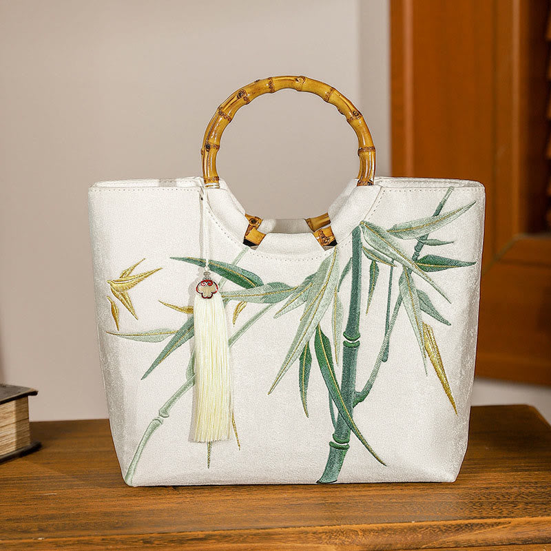 White Bamboo Embroidery Yoga Bag with Tassel Handle
