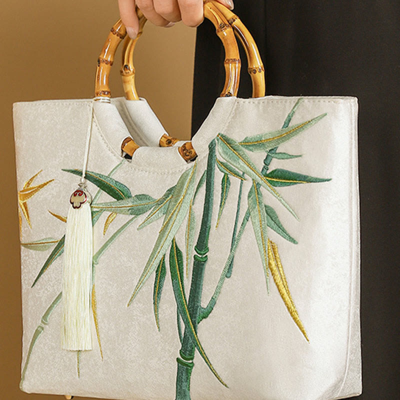 White Bamboo Embroidery Yoga Bag with Tassel Handle