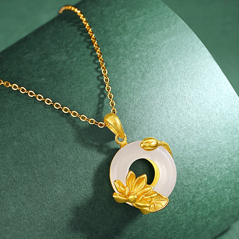 White Chalcedony Peace Buckle Lotus Necklace | Spiritual Harmony