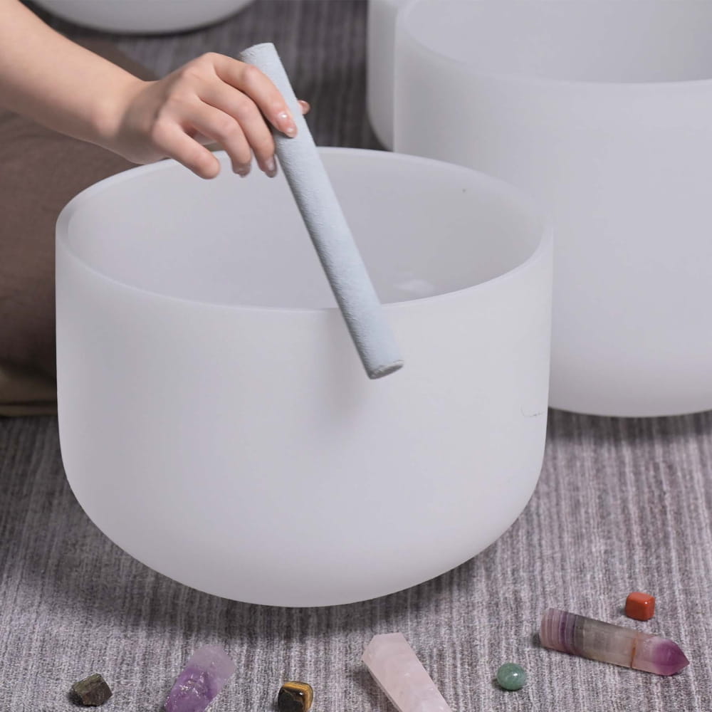 White Frosted Quartz Crystal Singing Bowl with Mallet from Big Full Set 8 PCS