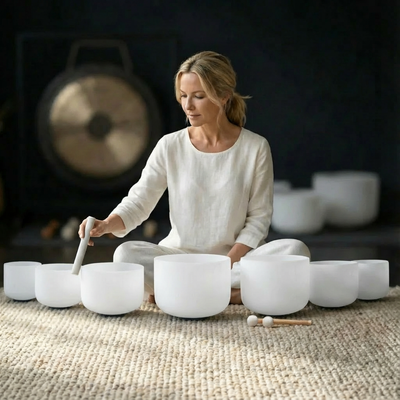 White Frosted Crystal Singing Bowl Set for Sale