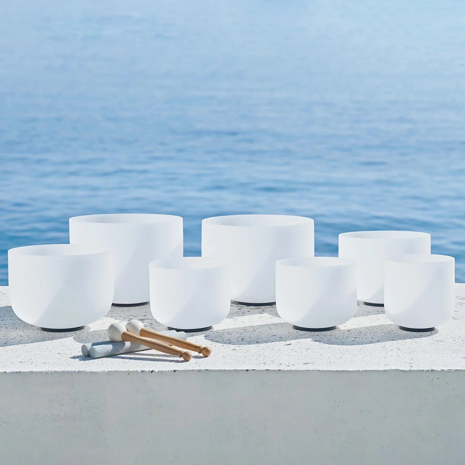 White Frosted Crystal Singing Bowl Set with Mallets - 7 pcs, 6-16 inches