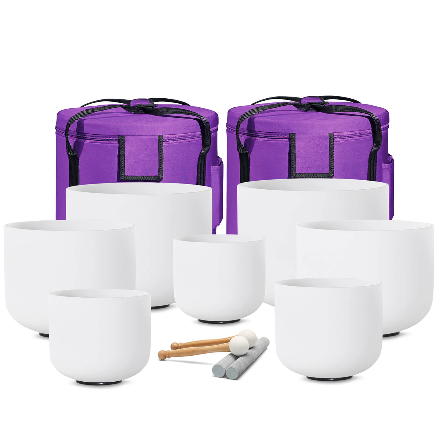 White Frosted Crystal Singing Bowl Set with purple cases and mallets displayed