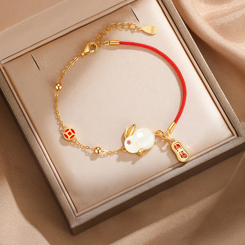 White Jade Bunny Zodiac Bracelet for Happiness & Protection