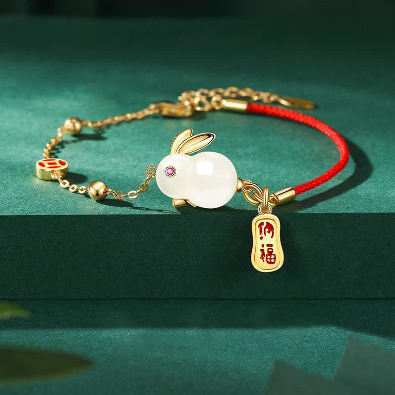 White Jade Bunny Zodiac Bracelet for Happiness & Protection