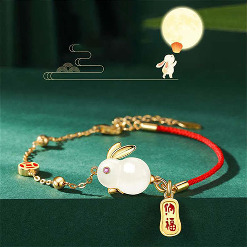 White Jade Bunny Zodiac Bracelet for Happiness & Protection